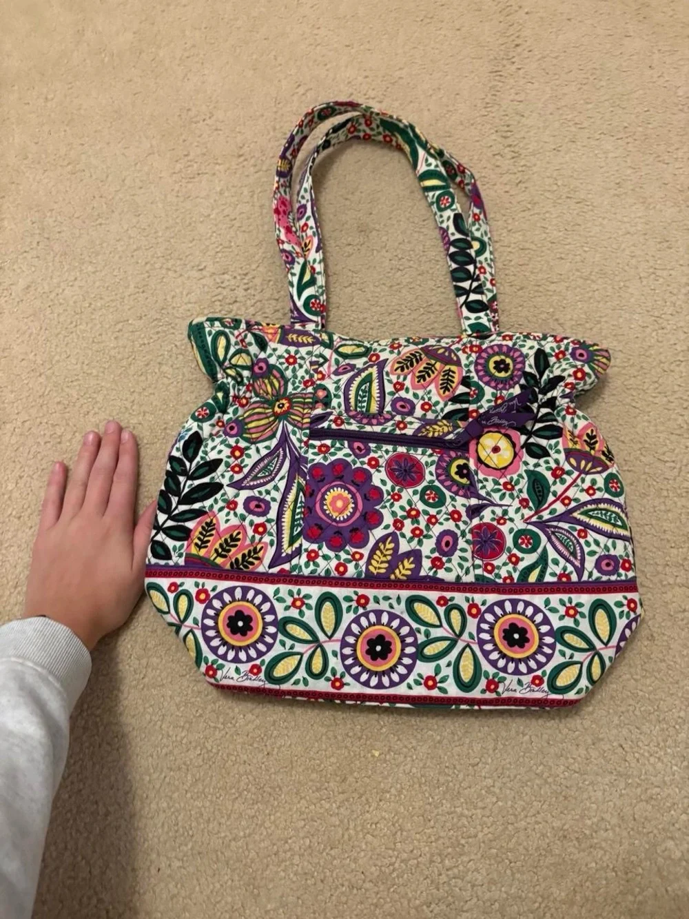 Vera Bradley Quilted Floral Tote in White, Purple, Pink, Green